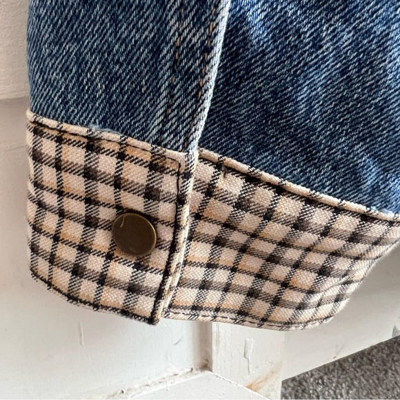 SANDRO PARIS Denim Plaid Hybrid Jacket Cropped  Shacket Trucker Coat Overshoot - Picture 4 of 12